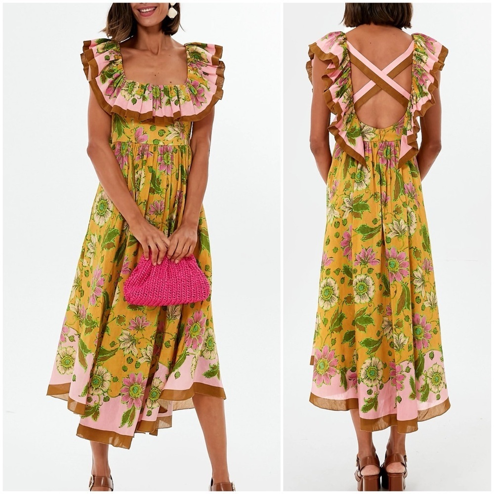 ALEMAIS Winnie Ruffle Neck Midi Dress Tangerine 0